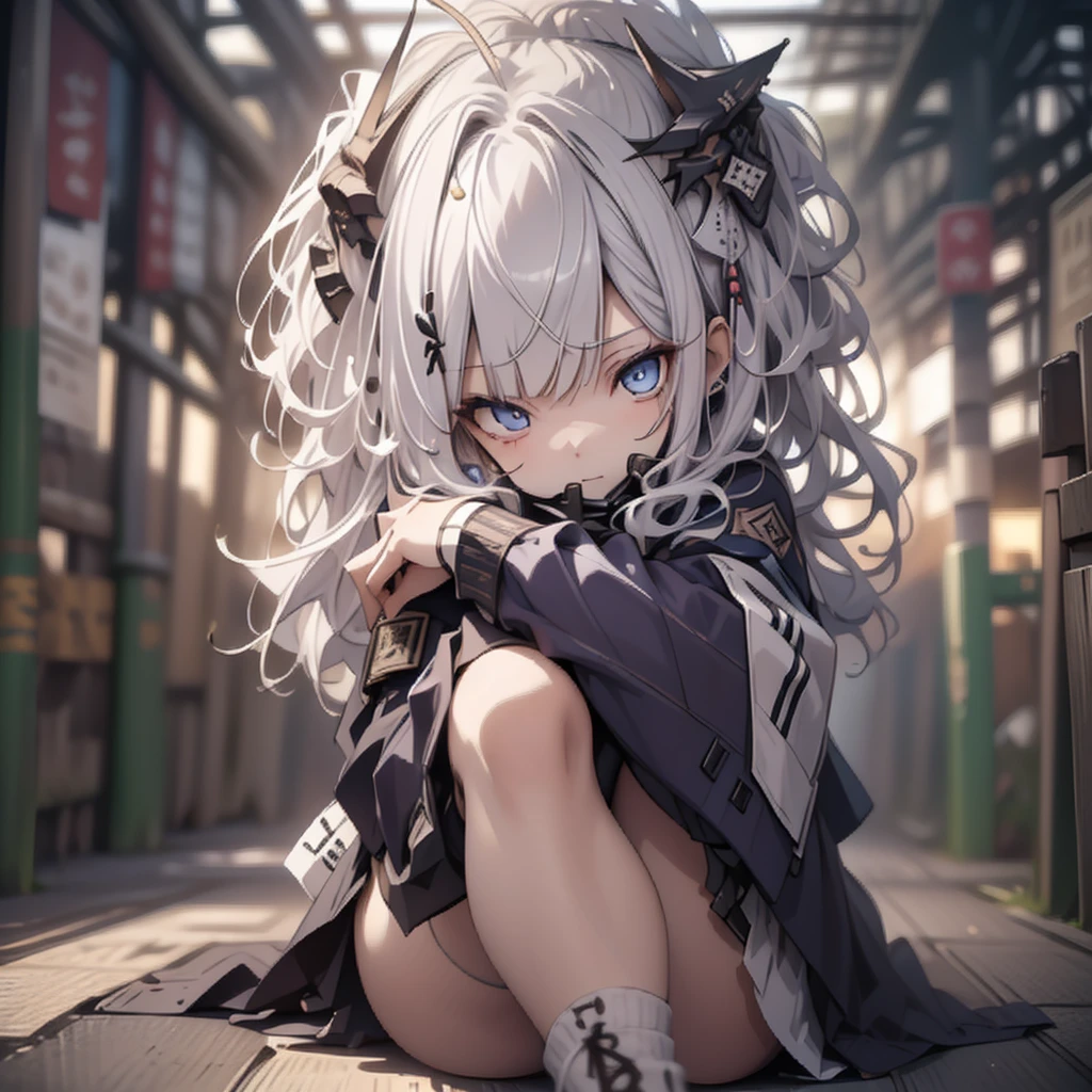 Japanese sword、Samurai sword、whole body、Sit on a chair, Crossing your legs、White one-piece military uniform、See others、Blunt bangs、 Knee-high socks,Blunt bangs, Silvery white hair,(Tabletop:1.2, Highest quality), (Beautiful, detailed eyes: 1.2), (Detailed Background,Dark fantasy), (Beautifully detailed face), High Contrast, (Best lighting, Very delicate and beautiful), ((Cinematic Light)), colorful, Hyper Detail, Dramatic Light, Intricate details,Very blue eyes, Shining Eyes, Long hair blowing in the wind