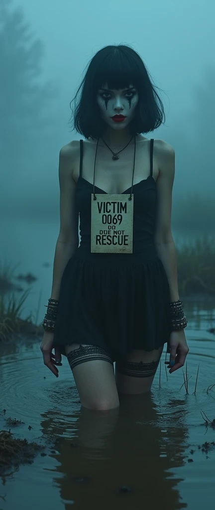woman, bib "VICTIM 0069 DO NOT RESCUE", short tight black dress, detailed stockings with garters, stuck in mud bog,pale ethnic patterns ritual makeup, cold, red lips, sexy posing, bob haircut, blue fog, posing, dynamic, sexy despair