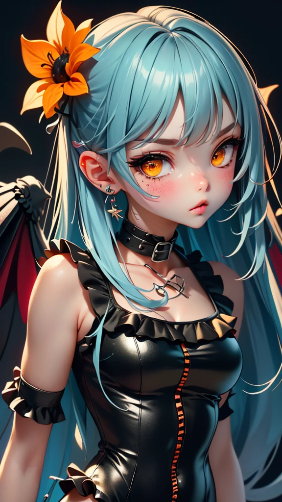 Anime girl, Vibrant Colors, Master Piece, (Best Quality: 1.3), 8k Quality, (absurdres absolutely resolution),texture,(Extremely Detailed Illustration), (Super Fine Illustration), an Extremely Delicate and Beautiful, Ultra High Resolution, Fantasy, (super detailed), official art, production art, HDR, cute face, kawaii, (((1 girl))), (large crow wings on back:1.4), (blow kiss:1.4), light blue hair, long hair, small face, orange eyes, large breasts, hair with orange flower, (orange and black clothes, two tone one piece of frill:1.4), 