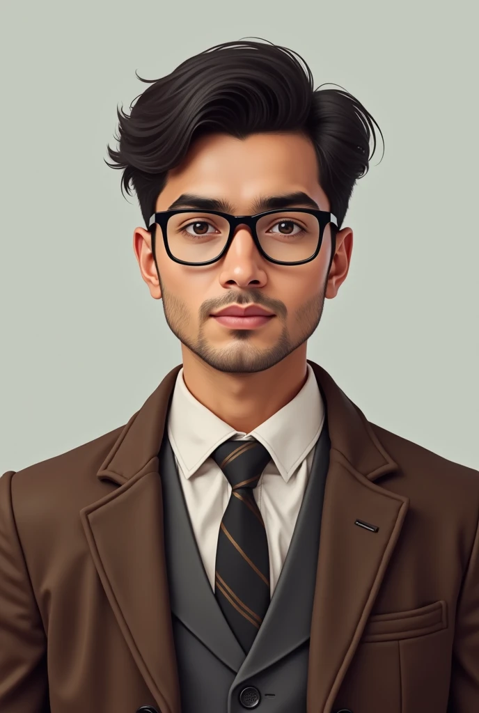 20 years old asian Pakistani guy in glasses with clean shaved in formal pant shirt. His coat is in brown color. Picture is focused on face. Face doesn't contain nose, eyes. It ahould be plane. Take pictures formal from front