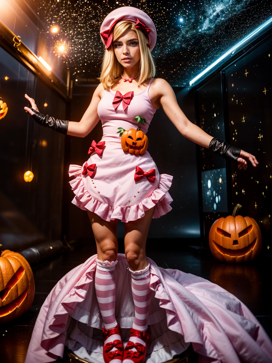 (1 lady), The beautiful, (Best quality at best:1.4), (ultra - detailed), (extremely detailed CG unified 16k), gold blonde hair, very detailed, High-definition RAW color photo, professional photoshooting, amazing face and eyes, cosmetics, (amazingly beautiful girl), ((lambdadelta, taller, tall woman)), ((dress, shoes bow, red shoes, striped stockings, red bow, pink hat, necklace, gloves, pearl, pumpkin brooch, pink dress)), levitating in a cute posture (floating in the air), (She's levitating in a cosmic sea, outer space:1.3, quantum hyperspace room lacking walls, hyperspace chamber, extremely detailed background, a lot of details background, realistic outer space background with stars quasars and cosmic bodies, brighter background), (look from above), realistic cinematic face, head to feet long wide zoomed out view, full body long view, photorealistic, ((realistic natural blonde hair style, red eyes)), gorgeous, extremely beautiful face, perfect model beauty, pout mouth, Highly Detailed Face and Skin Texture, Detailed Eyes, Double Eyelids, Small Breasts, Persistent Stare, Faith Trance, (mystical stare, looking eternity), (masterpiece), best quality, high resolution, depth of field, cinematic lighting, amazing legs, pink combat boots, clear and well-cared skin