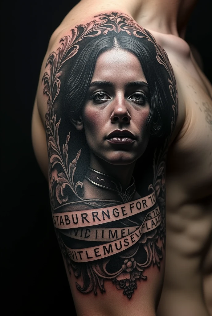 I want a tattoo that represents Norse mythology only women and their suffering in realism only in black color for the entire arm