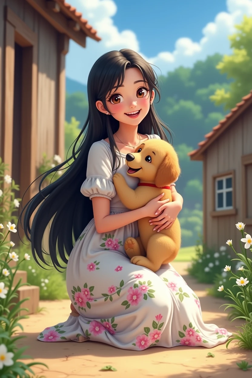 A 25-year-old girl，Long black hair，In the farmyard，Wearing a white floral dress，Squatting，Holding a puppy，Happy smile，Anime style，Pixar style