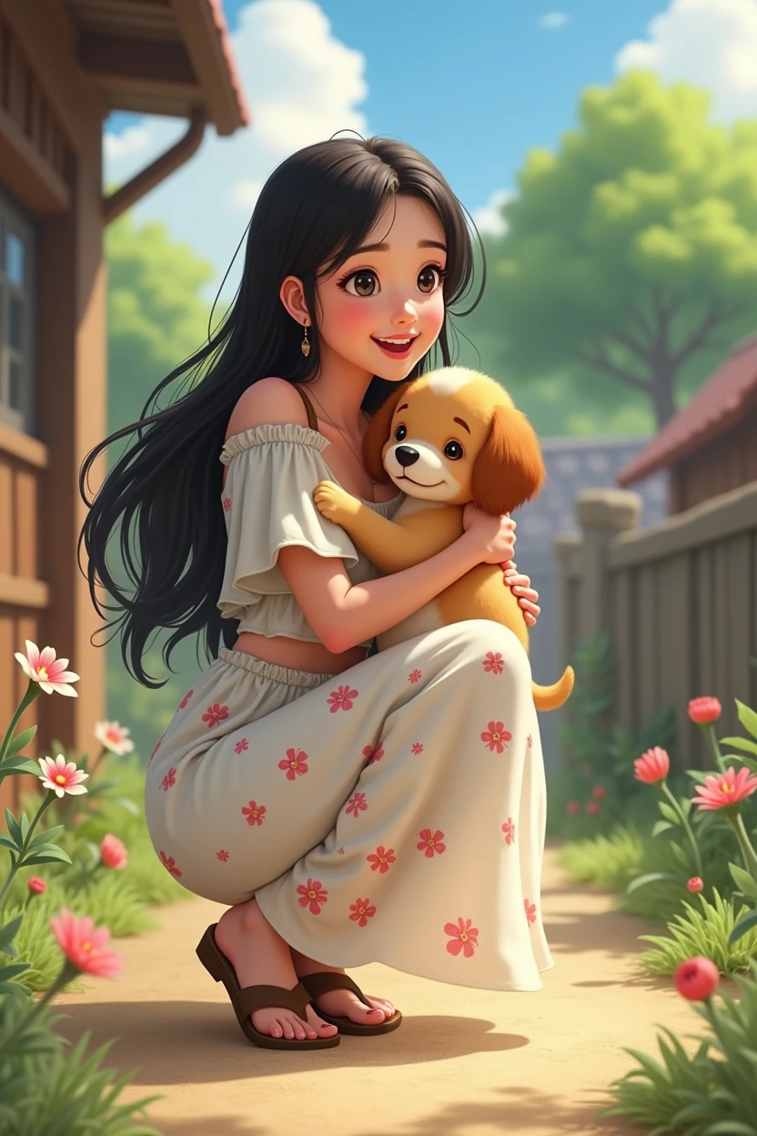A 25-year-old girl，Long black hair，In the farmyard，Wearing a white floral dress，Squatting，Holding a puppy，Happy smile，Anime style，Pixar style