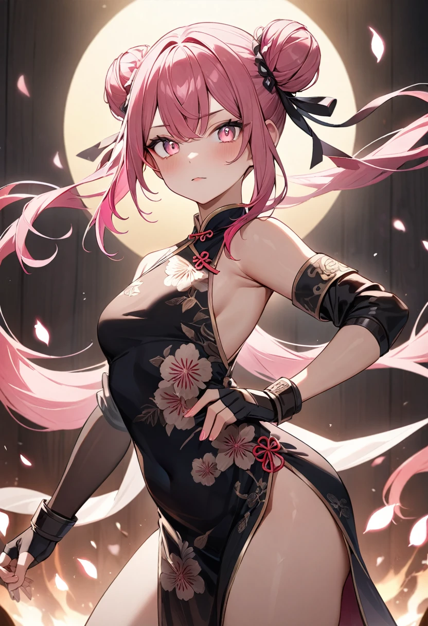 (masterpiece, top quality, very aesthetic, 4k、illustration), intricate detail, 1woman,solo,contrapposto 、Strong glowing eyes、,(cowboy shot)、、(Martial Arts),beautiful face、fingerless gloves、、double bun、(fluorescence pink gradient hair)、、multicolored hair,hair ribbon,middle hair,sidelock ,レッド　eyes、china dress、Warrior、small breasts、Slim 、