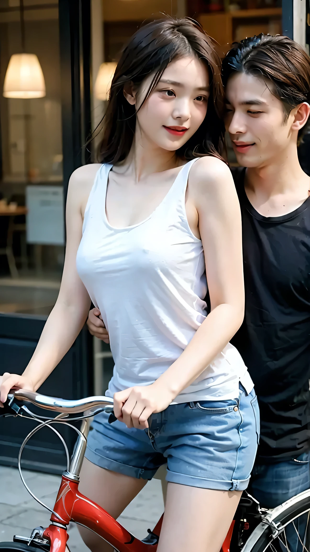 highest quality、4K quality、Man Standing、Tank top woman riding a bicycle、Man hugs woman's breasts、The man puts his hand on the woman's crotch、slender、Small face、、