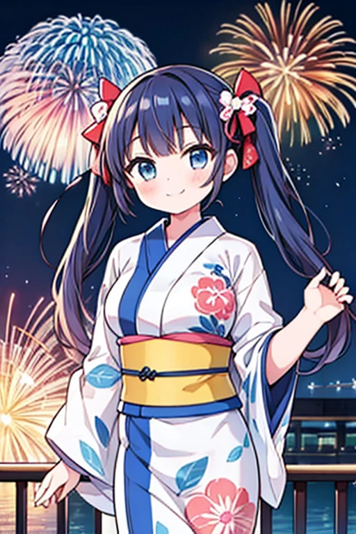 Highest quality,masterpiece,cute,One girl,Twin tails,bionde,Blue eyes,Japanese Yukata,Summer festival,stall,Hair Ribbon,Large Breasts,fun,smile,Fireworks display