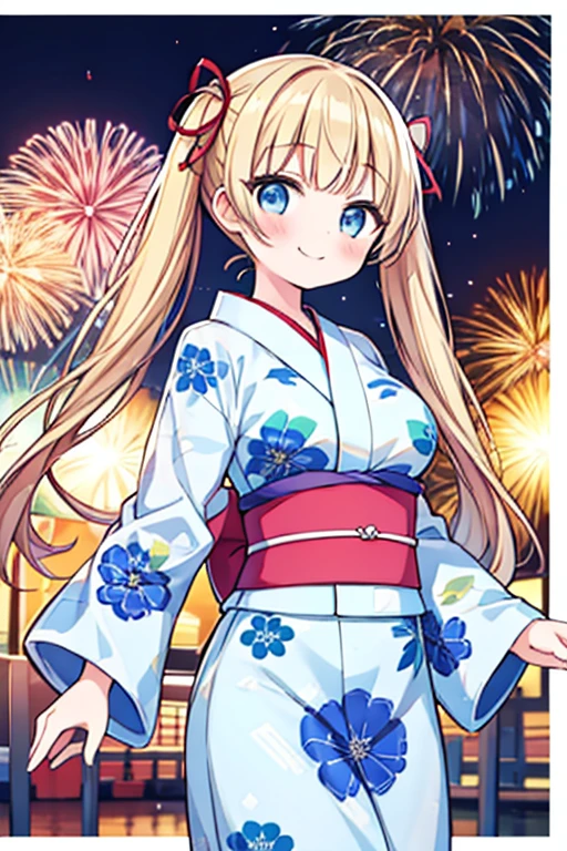 Highest quality,masterpiece,cute,One girl,Twin tails,bionde,Blue eyes,Japanese Yukata,Summer festival,stall,Hair Ribbon,Large Breasts,fun,smile,Fireworks display