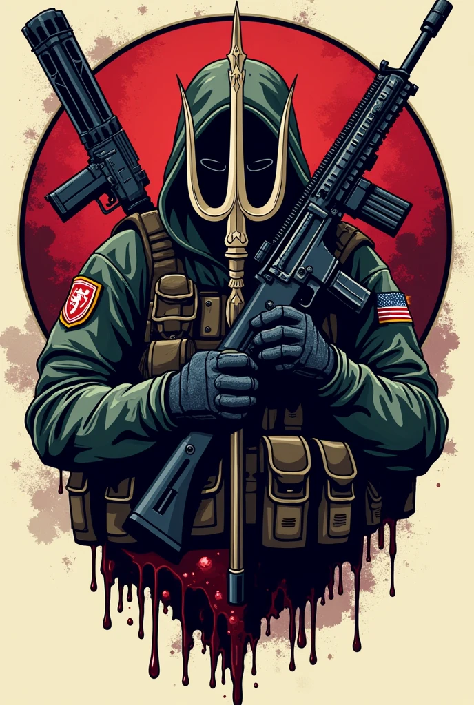 Create a logo that resembles a special forces group in the form of a patch for an airsoft team, where it contains a trident, rifle and pistol, with a round background and that is a little more organic and abstract towards the cartoon also add a little blood
