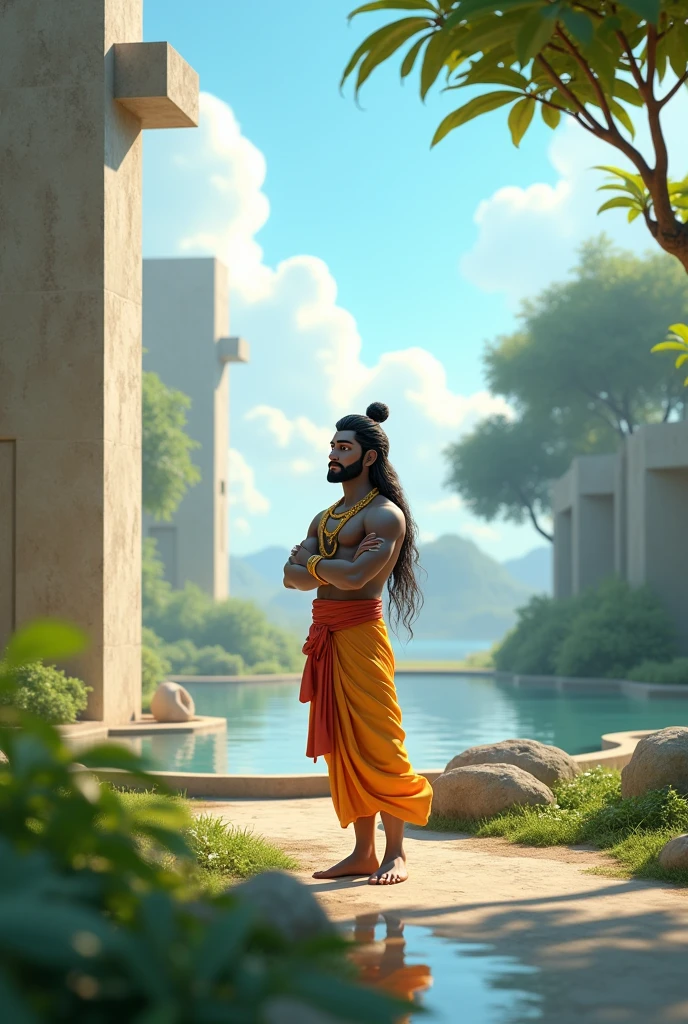 In cinematic 3d cartoon style "Visualize Rama contemplating on dharma in a serene, contemporary environment, merging ancient wisdom with modern settings"