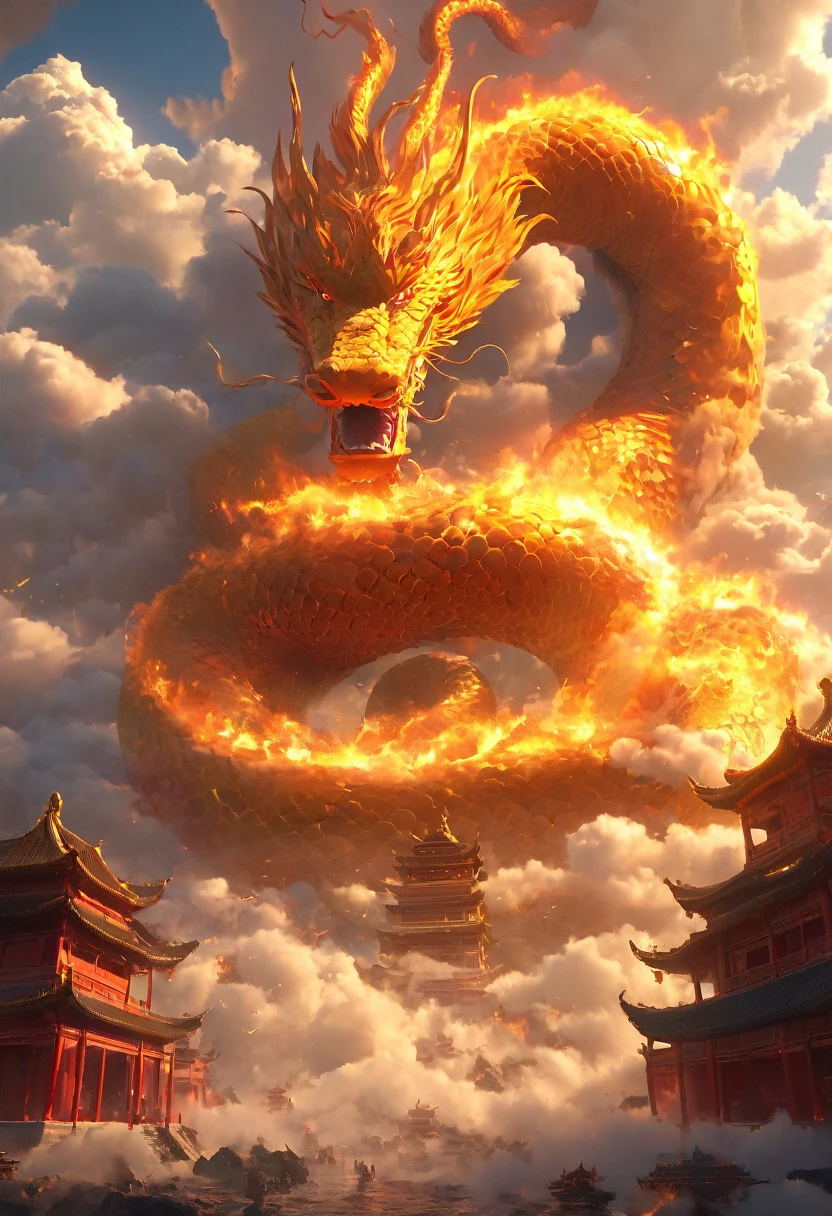 Dans un monde imaginaire, l'architecture traditionnelle chinoise, the serpent fire, the clouds, the sun, the sky, the mountain, la foudre, (best quality, 4K, high resolution, masterpiece: 1.2), extremely detailed, (Real: 1.37), couleurs vives, effets flous, vibrant light.
