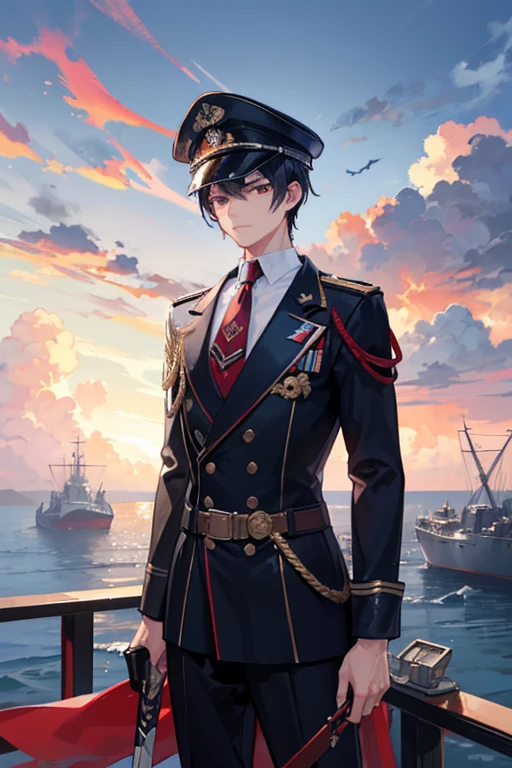 1 male admiral, 24 years old, masculine, short evening blue black hair, Attractive, red tie, Rolled up sleeves, Black belt, Black pants, Beautiful blue left eye and fiery red right eye, beautiful hair, expressionless, holding sky blue sword in right hand, black hilt, 8K resolution, Highly detailed, Anatomically correct, Sharp Drawing, Digital Painting, Concept art, in the highest quality、harbor background with many battleships and aircraft carriers, fighting positions, military hat