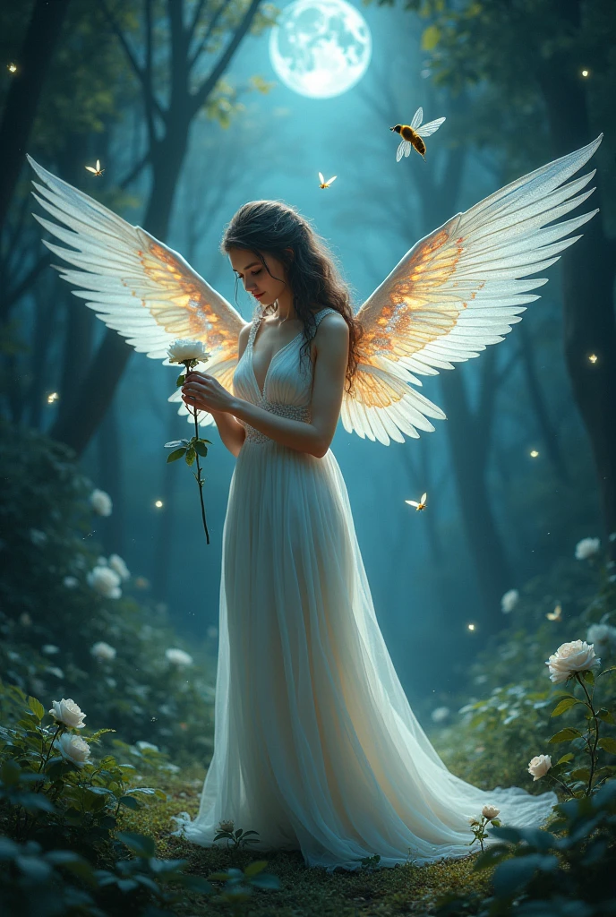 Create a having birds wings ,vivid wings , beautiful forest background, with a long dress, and with a white rose in her hands having a small honeybee on it , in a beautiful forest at night with little light insects