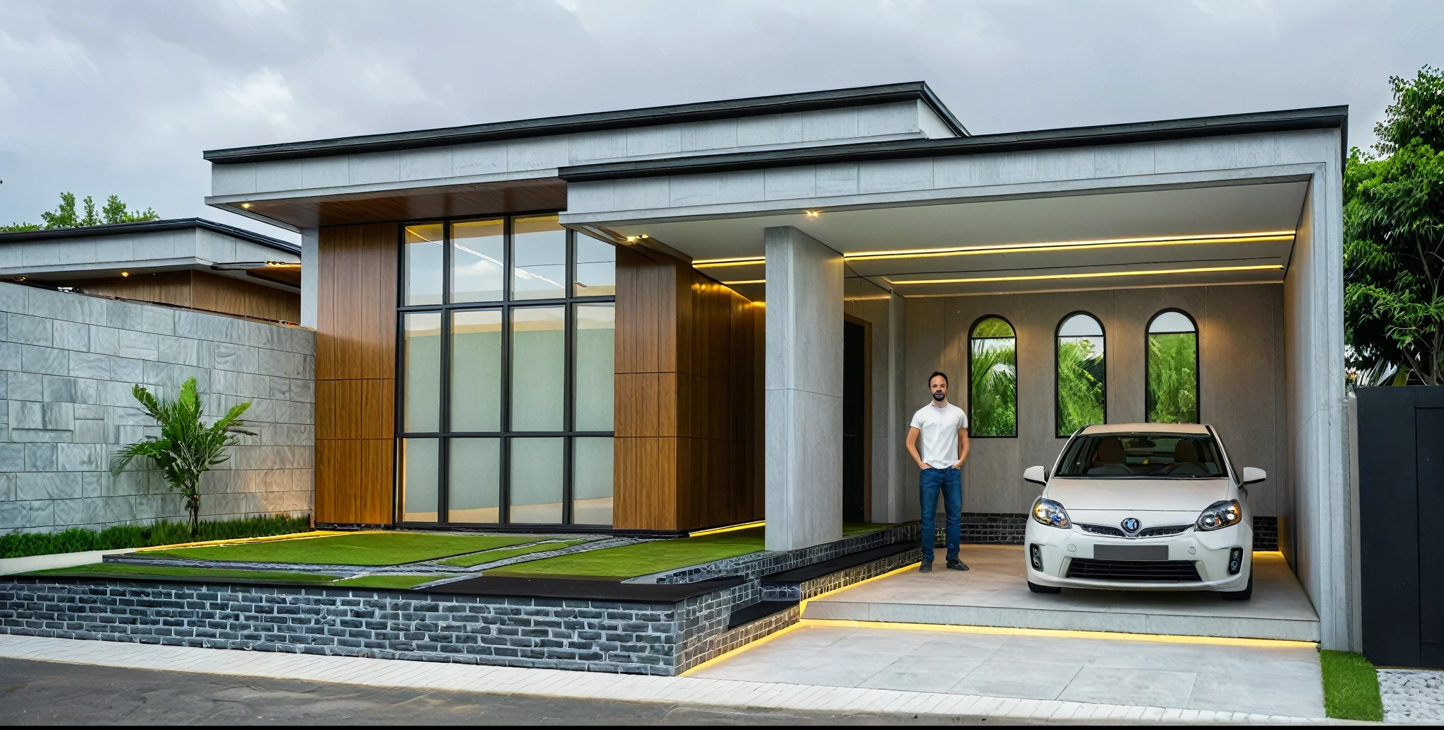 modern villa on street, (daylight), tropical tree, shrub and plants, vivid color, streetcapes, modern and minimalist design, rough stone wall accent, brigth grey tone, large glass door, warm interior lighting, modern material, best quality, ultra realistic, masterpiece, 17ArchiAI_XL_VL-v1

