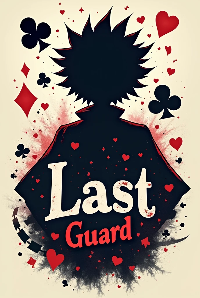 Simple logo with writing "Last Guard" And Abbreviated "LG" has a cartoon-like shadow of hisoka hxh with playing card effects as the background