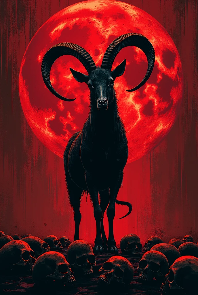 a surreal scene featuring a blonde girl standing next to a gigantic black goat, surrounded by human bones and bloodstains on the walls. The juxtaposition of the girl's innocence with the ominous presence of the goat creates a sense of unease and mystery. The eerie atmosphere is enhanced by the macabre elements of human bones and blood, hinting at a dark and foreboding narrative. The dark and dramatic lighting style, reminiscent of Caravaggio's chiaroscuro technique, adds depth and intensity to the composition, emphasizing the contrast between light and shadow. Captured in a high-contrast, dark, and moody setting, this image evokes a sense of suspense and intrigue, inviting viewers to unravel the enigmatic story within