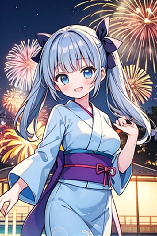 Highest quality,masterpiece,cute,One girl,Twin tails,bionde,Blue eyes,Japanese Yukata,Summer festival,stall,Hair Ribbon,Large Breasts,fun,smile,Fireworks display