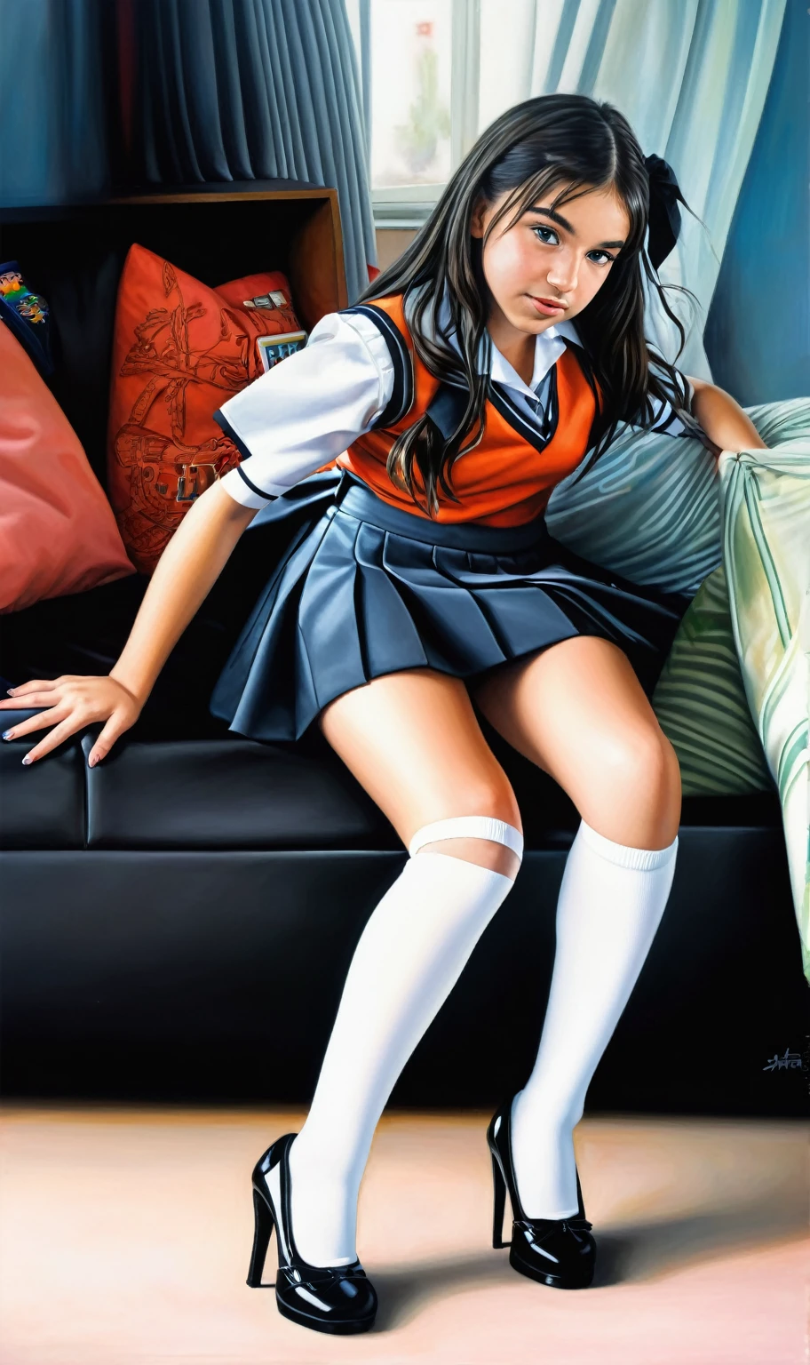 painting of a woman in a school uniform sitting on a couch, hyperrealistic schoolgirl, a hyperrealistic schoolgirl, realistic schoolgirl, school girl, urban girl 