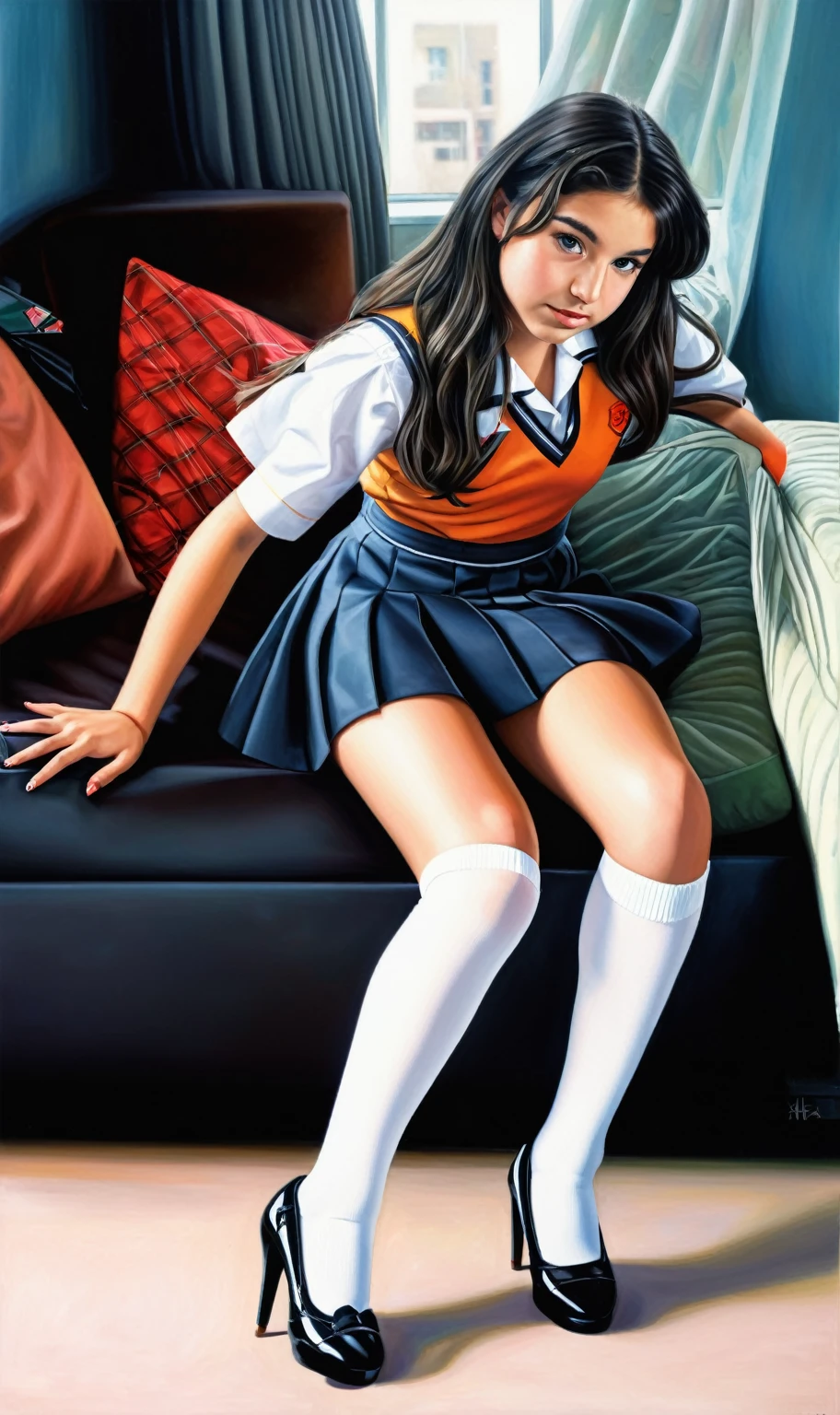 painting of a woman in a school uniform sitting on a couch, hyperrealistic schoolgirl, a hyperrealistic schoolgirl, realistic schoolgirl, school girl, urban girl 