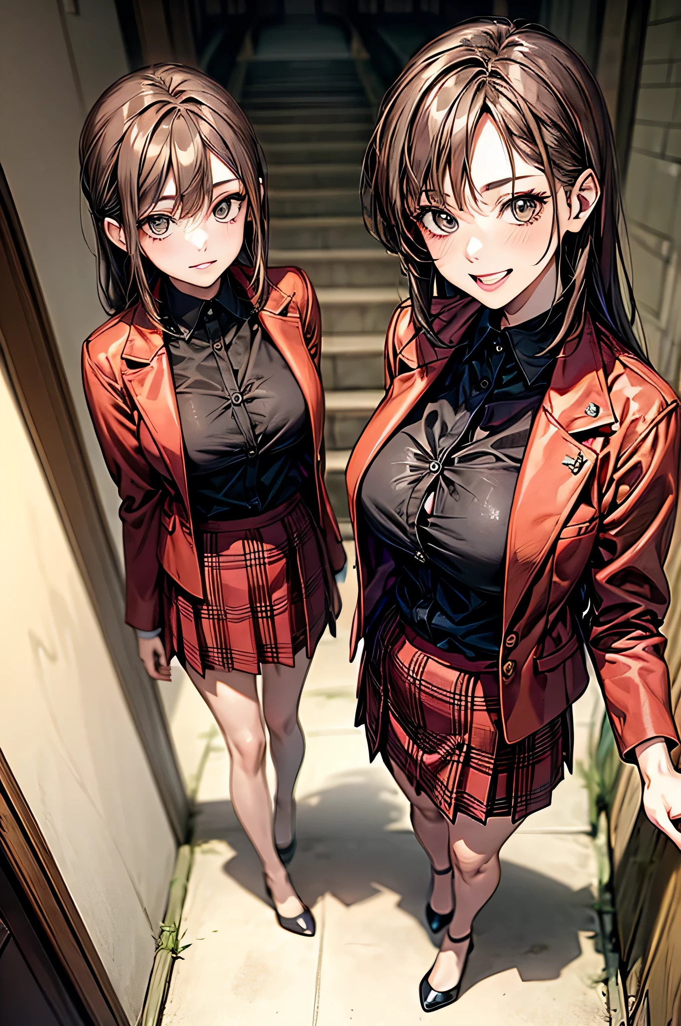 (Biologically correct limb count),Full body, including face,4K,Focus on the masterpiece face,Well-proportioned facial features,Delicate descriptive eyes,One beautiful woman,(Black shirt,red jacket,red plaid skirt),(Grin),Photos with white borders,looking at the camera,Kiyomizu-dera Temple Walking,Walking down the stairs,((High heels))