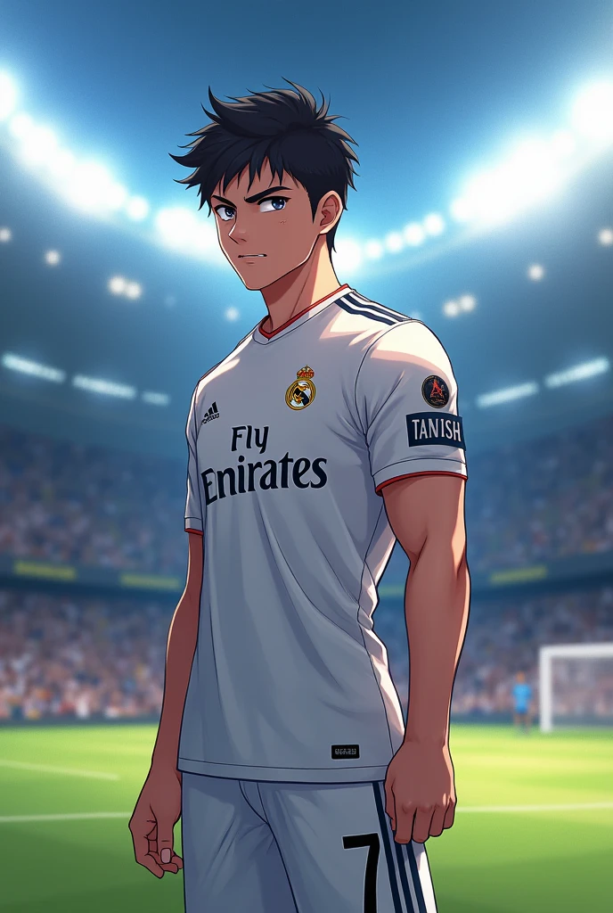 A football player 
Age 18
On the back of the t-shirt name is TANISH .
Ans no. Is 7 .
In anime 
An handsome boy
In a stadium 
With real Madrid t-shirt