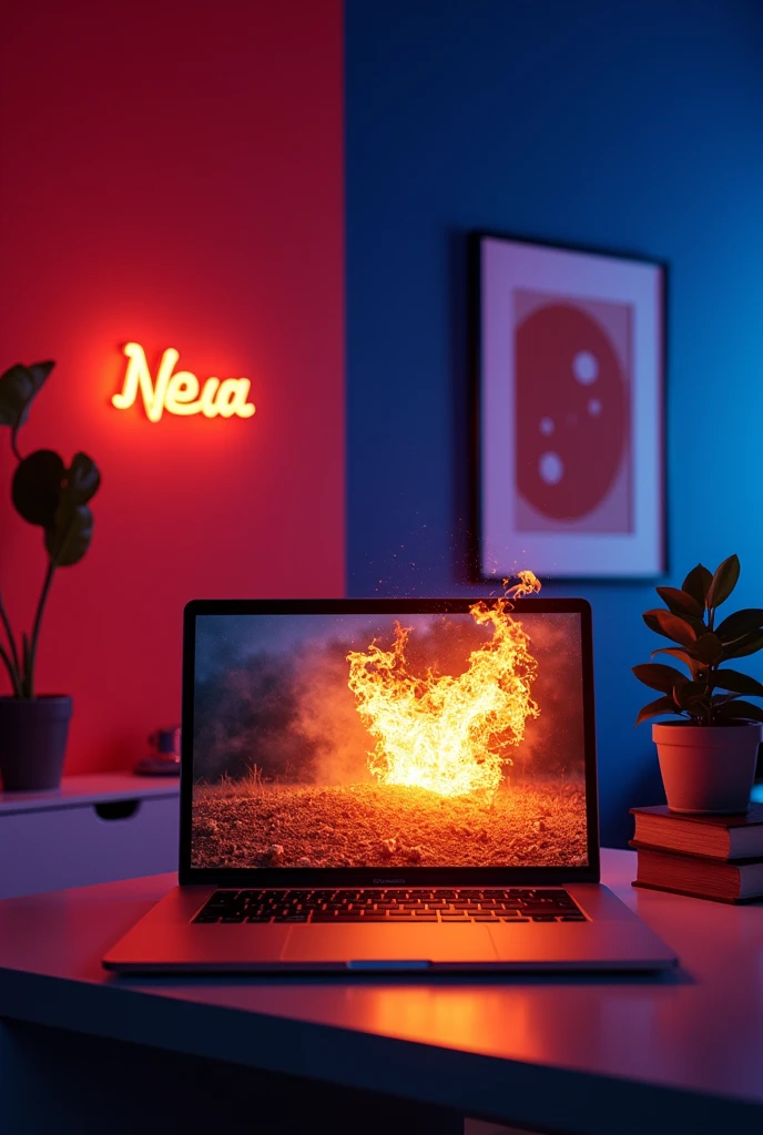 A wall with red red blue background with light effects and a photo frame and a table on which a laptop with a fire video and name on the wall.