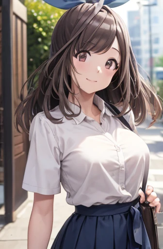 koganetsukioka, kogane tsukioka, (brown eyes:1.5), brown hair, hair tie, ponytail, BREAK bare legs, blue skirt, collarbone, collared shirt, miniskirt, shirt, short sleeves, skirt, tented shirt, tied shirt, tight clothes, tight shirt, white shirt, wing collar, BREAK looking at viewer, BREAK outdoors, BREAK (masterpiece:1.2), best quality, high resolution, unity 8k wallpaper, (illustration:0.8), (beautiful detailed eyes:1.6), extremely detailed face, perfect lighting, extremely detailed CG, (perfect hands, perfect anatomy),