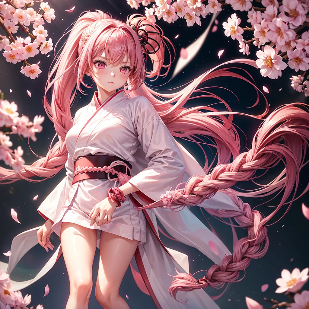 Girl, 17 years old, fair skin, long pink hair braided in a ponytail, pink eyes, white yukata with open legs and sakura petals, slender, beautiful legs, black belt, white gloves, red sakura flowers, pink long cloak with a pattern, detailing , perfect, red and black bracelets for legs and arms