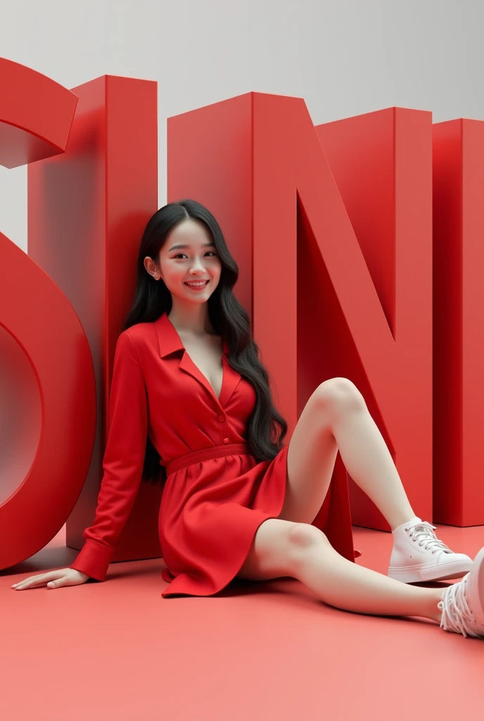 Create a 3d scene with smart graphic and beautiful girl sitting casually different back on the SUNIL name in large 3d text red dress in trendy casual
