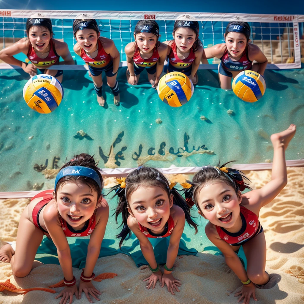 ExtremelyDetailed (((Beach Volleyball Team Kawaii Kids in a row:1.4))), Childish perfect face, Reflective Eyes, Detailed(Delicate Clothing textures), Corrected Leg to Foot Line, Corrected Perfect Hand, Dynamic Joyful Expressions LifeLike Rendering, ((Specular Reflection:0.5)), TopQuality 8K Ultra-detailed masterpiece (ProfessionalPhoto:1.37)(Acutance:0.8),(Luminism:1.28),