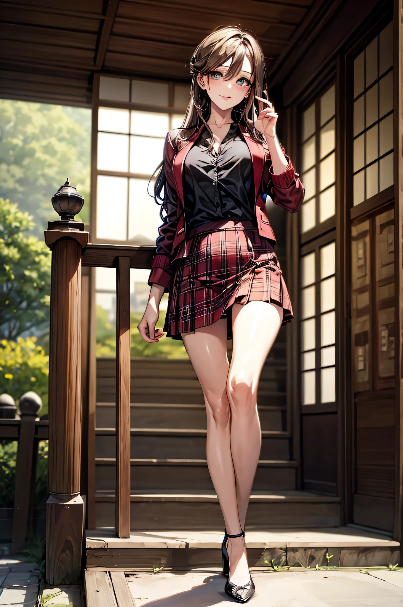 (Biologically correct limb count),Full body, including face,4K,Focus on the masterpiece face,Well-proportioned facial features,Delicate descriptive eyes,One beautiful woman,(Black shirt,red jacket,red plaid skirt),(Grin),Photos with white borders,looking at the camera,Kiyomizu-dera Temple Walking,Walking down the stairs,((High heels))