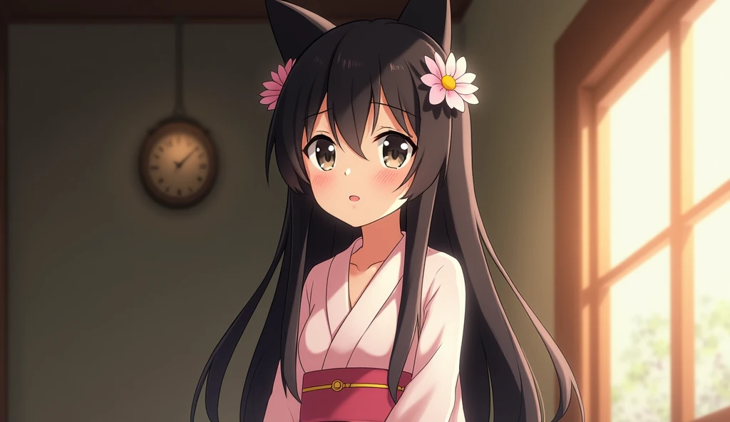 Highest quality, (masterpiece:1.35), wallpaper, (shape), original, (Written boundary depth), (One Girl:1.35), (alone), whole body, dynamic, Detailed face,Mature Woman, Adult, (old:1.3), Center of chest, Amused, Happy,Cute clothes, a large flower ornament,Ridiculously long hair, Black Hair,Dog ear volume lighting, Inside the house, Tyndall effect,Makoto Shinkai style,
