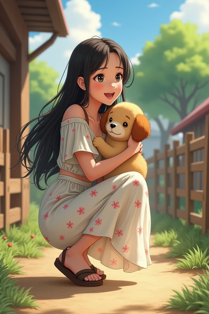 A 25-year-old girl,Long black hair,In the farmyard,Wearing a white floral dress,Squatting,Holding a puppy,Happy smile,Anime style,Pixar style