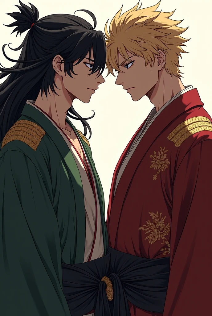 Two handsome men, one with long black hair and the other with short messy blonde hair, powerful kings, dressed in japanese traditional royal clothing,  cold aura, anime portrait