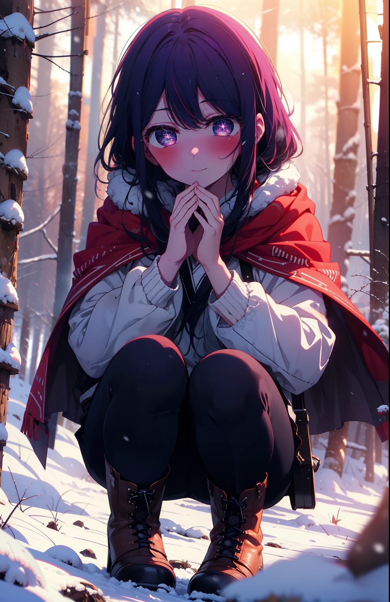 aihoshino, Ai Hoshino, Long Hair, bangs, (Purple eyes:1.1), Purple Hair, (Symbol-shaped pupil:1.5), smile,,smile,blush,white breath,
Open your mouth,snow,Ground bonfire, Outdoor, boots, snowing, From the side, wood, suitcase, Cape, Blurred, , forest, White handbag, nature, Squat, Mouth closed, Cape, winter, Written boundary depth, Black shoes, red Cape break looking at viewer, Upper Body, whole body, break Outdoor, forest, nature, break (masterpiece:1.2), Highest quality, High resolution, unity 8k wallpaper, (shape:0.8), (Beautiful and beautiful eyes:1.6), Highly detailed face, Perfect lighting, Highly detailed CG, (Perfect hands, Perfect Anatomy),