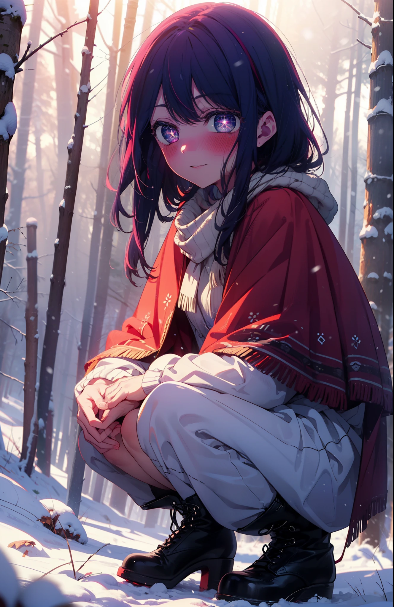 aihoshino, Ai Hoshino, Long Hair, bangs, (Purple eyes:1.1), Purple Hair, (Symbol-shaped pupil:1.5), smile,,smile,blush,white breath,
Open your mouth,snow,Ground bonfire, Outdoor, boots, snowing, From the side, wood, suitcase, Cape, Blurred, , forest, White handbag, nature,  Squat, Mouth closed, Cape, winter, Written boundary depth, Black shoes, red Cape break looking at viewer, Upper Body, whole body, break Outdoor, forest, nature, break (masterpiece:1.2), Highest quality, High resolution, unity 8k wallpaper, (shape:0.8), (Beautiful and beautiful eyes:1.6), Highly detailed face, Perfect lighting, Highly detailed CG, (Perfect hands, Perfect Anatomy),
