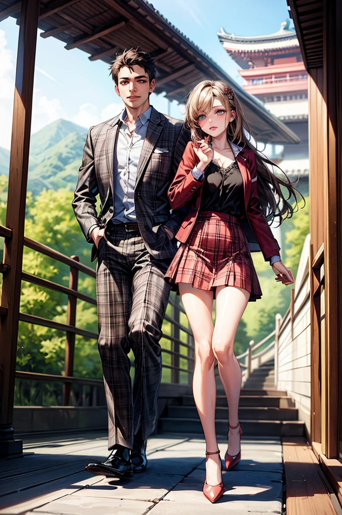 (Biologically correct limb count),Full body, including face,4K,Focus on the masterpiece face,Well-proportioned facial features,Delicate descriptive eyes,One beautiful woman,(Black shirt,red jacket,red plaid skirt),(Grin),Photos with white borders,looking at the camera,Kiyomizu-dera Temple Walking,Walking down the stairs,((High heels))
