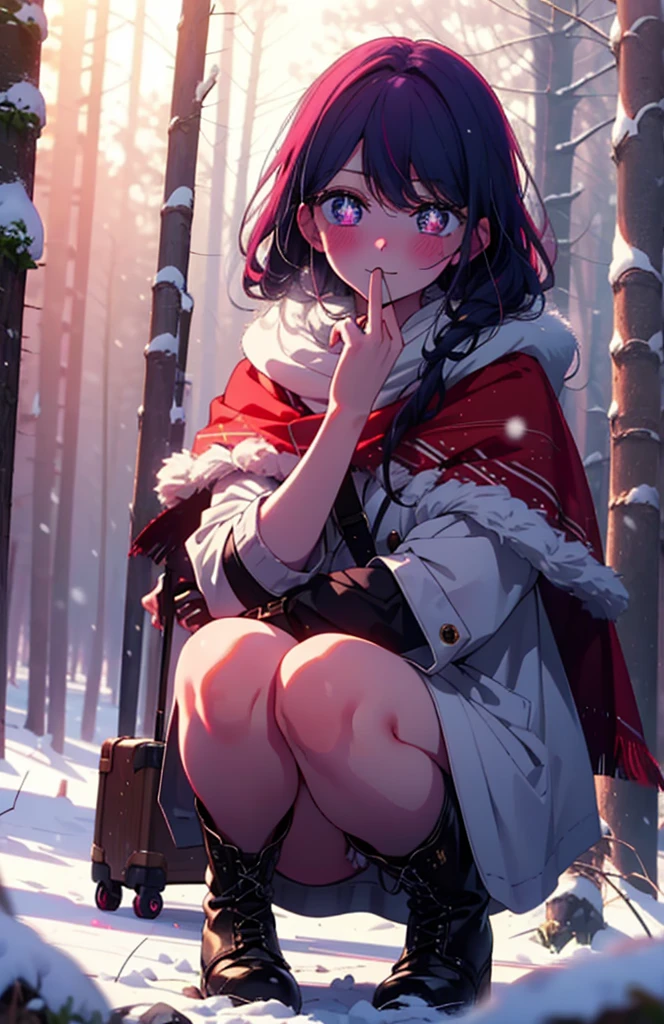 aihoshino, Ai Hoshino, Long Hair, bangs, (Purple eyes:1.1), Purple Hair, (Symbol-shaped pupil:1.5), smile,,smile,blush,white breath,
Open your mouth,snow,Ground bonfire, Outdoor, boots, snowing, From the side, wood, suitcase, Cape, Blurred, , forest, White handbag, nature, Squat, Mouth closed, Cape, winter, Written boundary depth, Black shoes, red Cape break looking at viewer, Upper Body, whole body, break Outdoor, forest, nature, break (masterpiece:1.2), Highest quality, High resolution, unity 8k wallpaper, (shape:0.8), (Beautiful and beautiful eyes:1.6), Highly detailed face, Perfect lighting, Highly detailed CG, (Perfect hands, Perfect Anatomy),