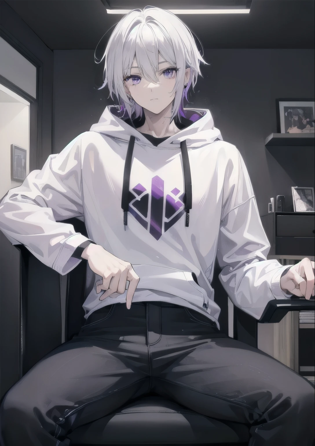 ((A man!!!)) White hair, Purple Eyes, Tapered hair, Black Hoodie, Long black jeans, ((lol)), Moderate, Masculinity, in living room, Sitting in a gaming chair.