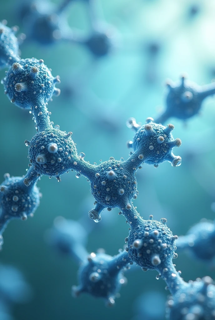 Description: Illustrate the interaction of water with block copolymers or water-based chemical processes. The image should depict molecular structures or chemical bonds forming in a water-based environment. You could include water droplets interacting with block structures or show a grid-like pattern representing the organization of molecules. The color palette should be predominantly blue, with accents of green or gray to convey a clean, aqueous environment. The style should be technical and precise, with a touch of abstraction to keep it visually appealing