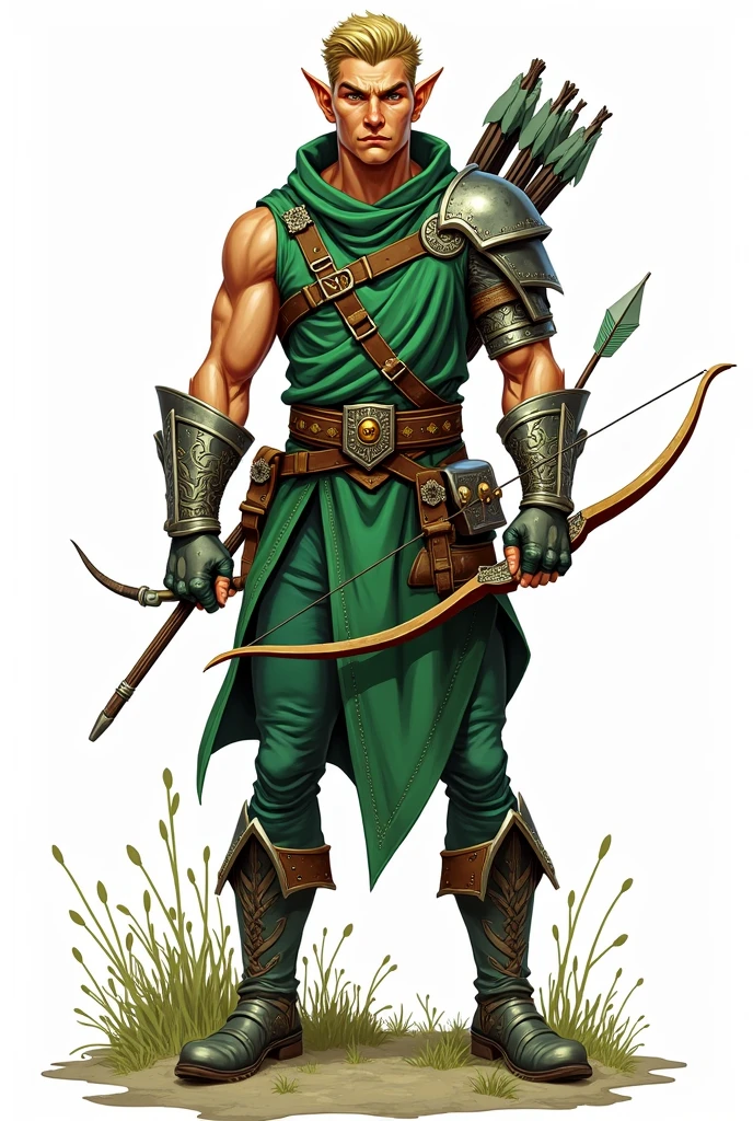 drawning, sharp colors, bust of a male elf archer, medieval style, green clothing, BOARD PIECE, white background, fully body, character seen from the front