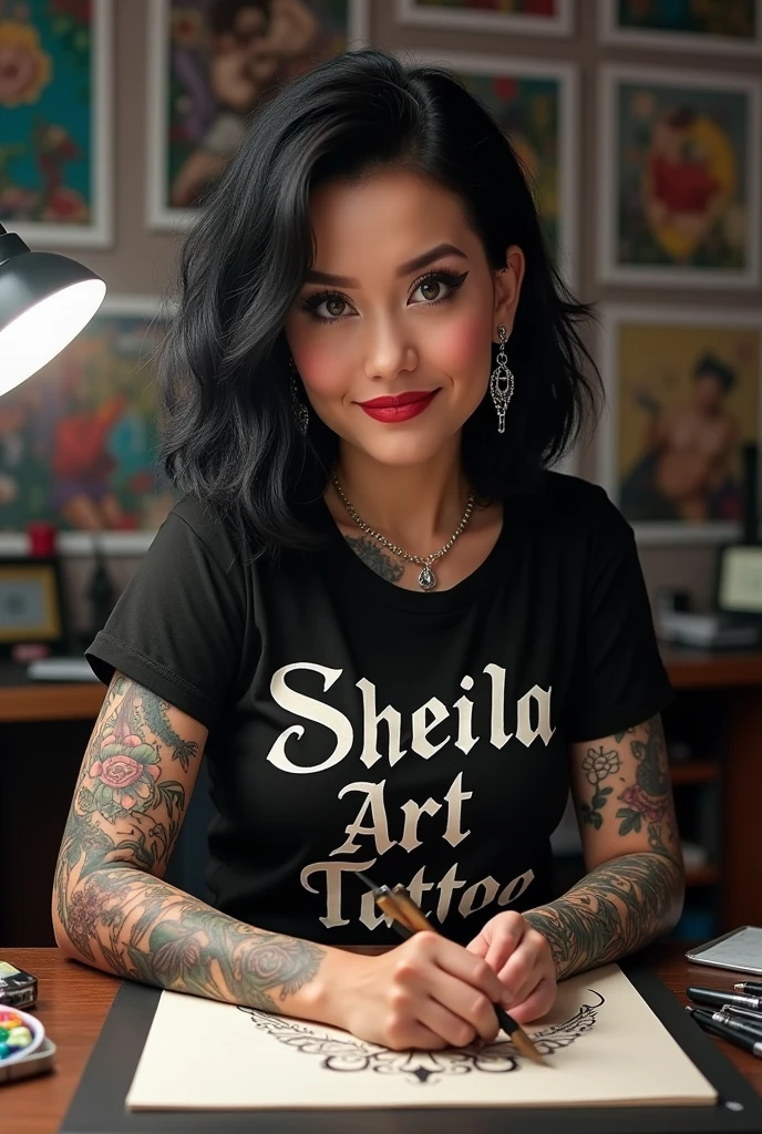 Disney Drawing Tattoo artist 40 years old with shoulder length black hair with greenish eyes with tattoos on her body wearing a black t-shirt with the words sheila art tattoo written on it & Body Piercings sitting in front of a table drawing in the tattoo studio