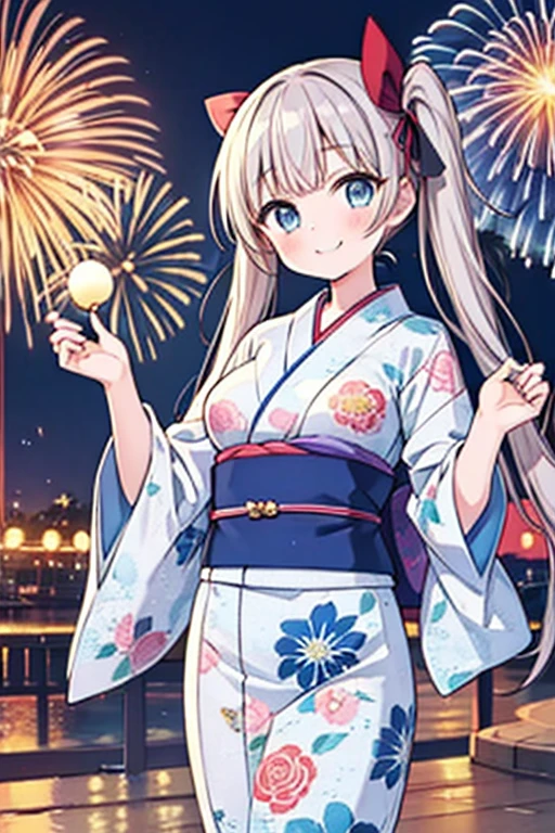 Highest quality,masterpiece,cute,One girl,Twin tails,bionde,Blue eyes,Floral Japanese Yukata,Summer festival,stall,Hair Ribbon,Large Breasts,fun,smile,Fireworks display