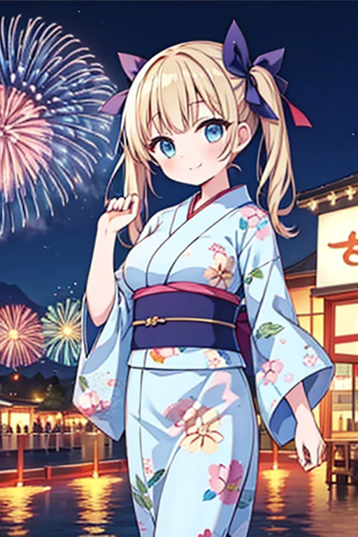 Highest quality,masterpiece,cute,One girl,Twin tails,bionde,Blue eyes,Floral Japanese Yukata,Summer festival,stall,Hair Ribbon,Large Breasts,fun,smile,Fireworks display