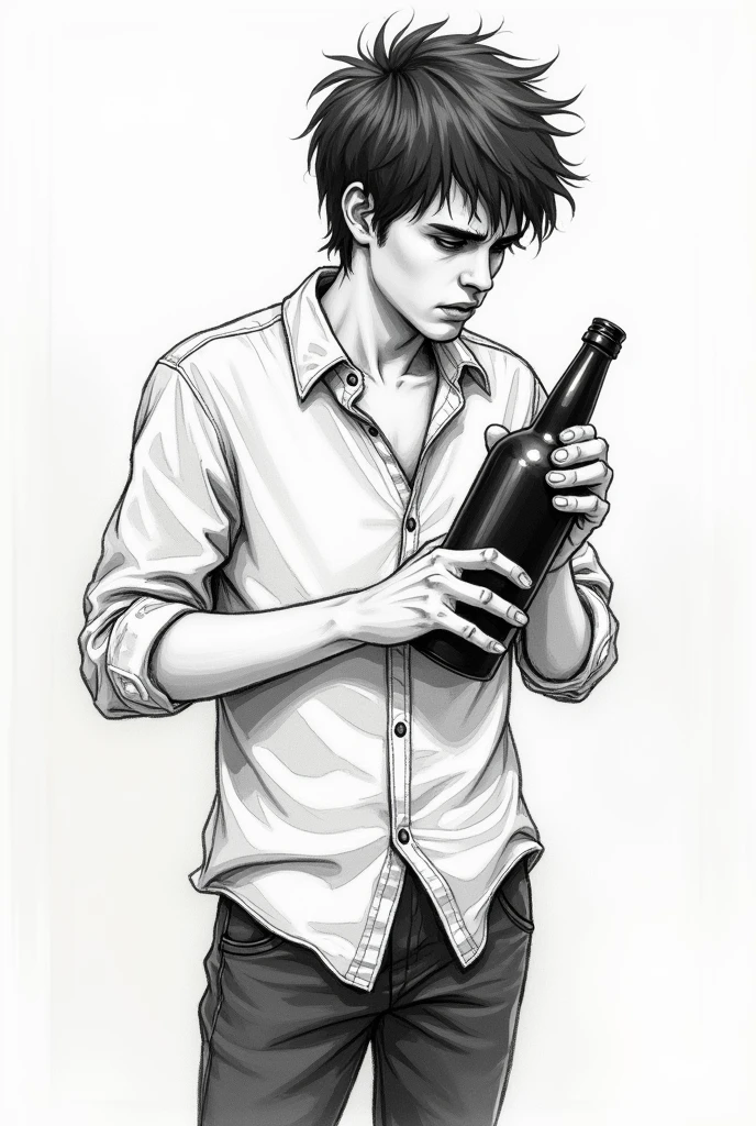A sketch of a A 19 years old musician  stressed holding a liquor bottle 