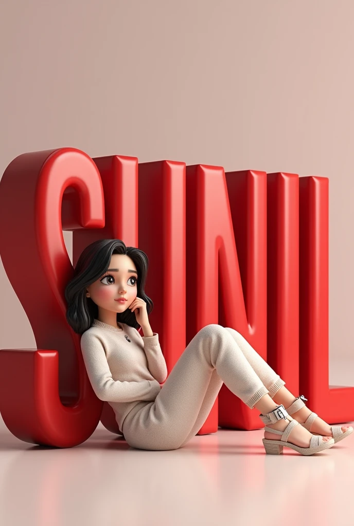 Create a 3d scene with smart graphic and beautiful girl sitting casually different back on the SUNIL name in large 3d text red dress in trendy casual