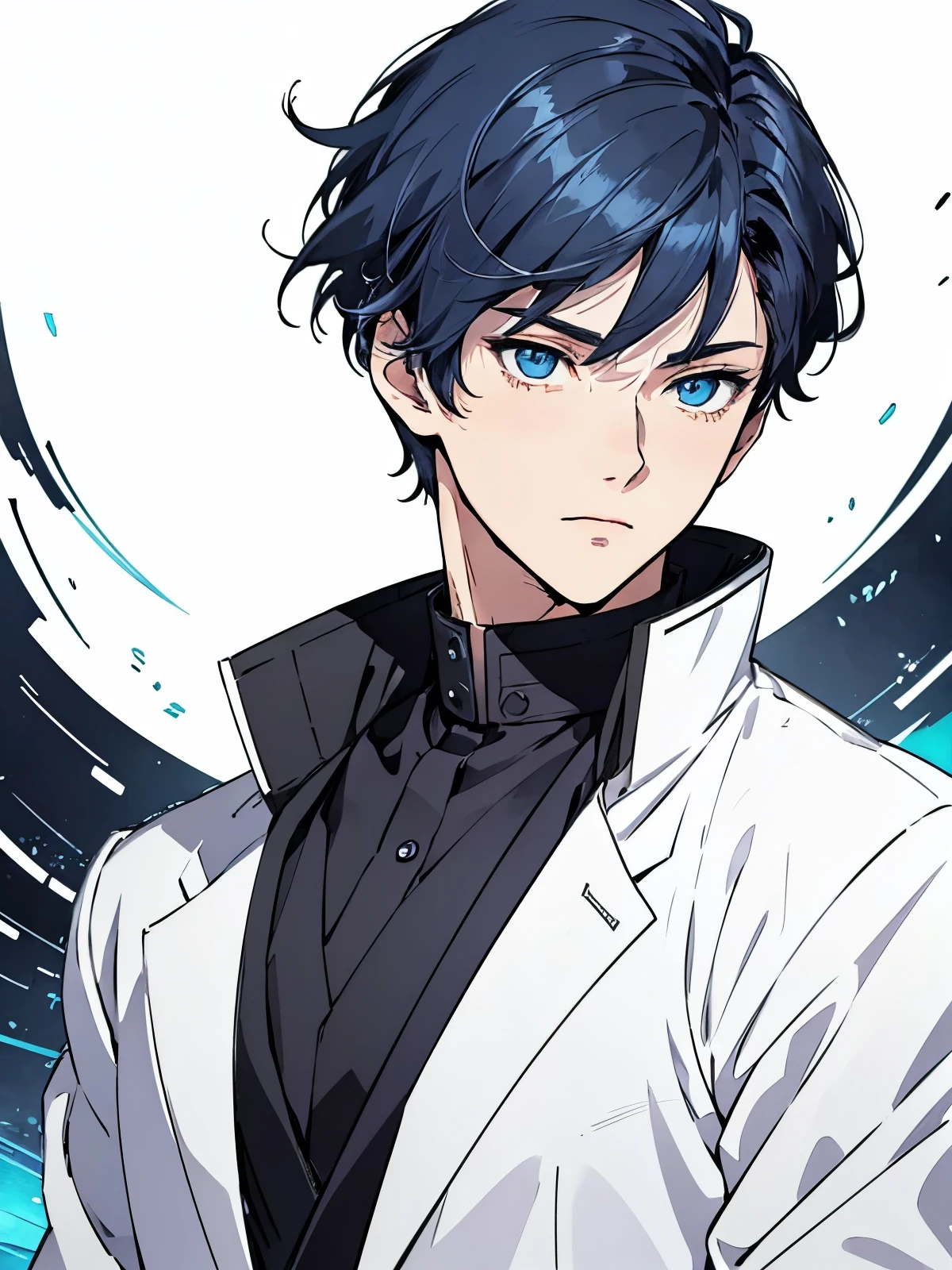 a ager boy standing, navy blue eyes, Blue hair, mix of modern and traditional clothes, Beautiful Face, white color, 20 years old, mature look, anime art style, neon background, anime background, manga panel cover style, detailed eyes, focused eyes, beautiful hands, close up shot