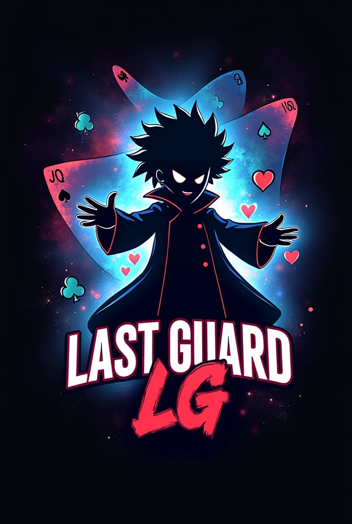 Simple logo with writing "Last Guard" And Abbreviated "LG" has a cartoon-like shadow of hisoka hxh with playing card effects as the background
