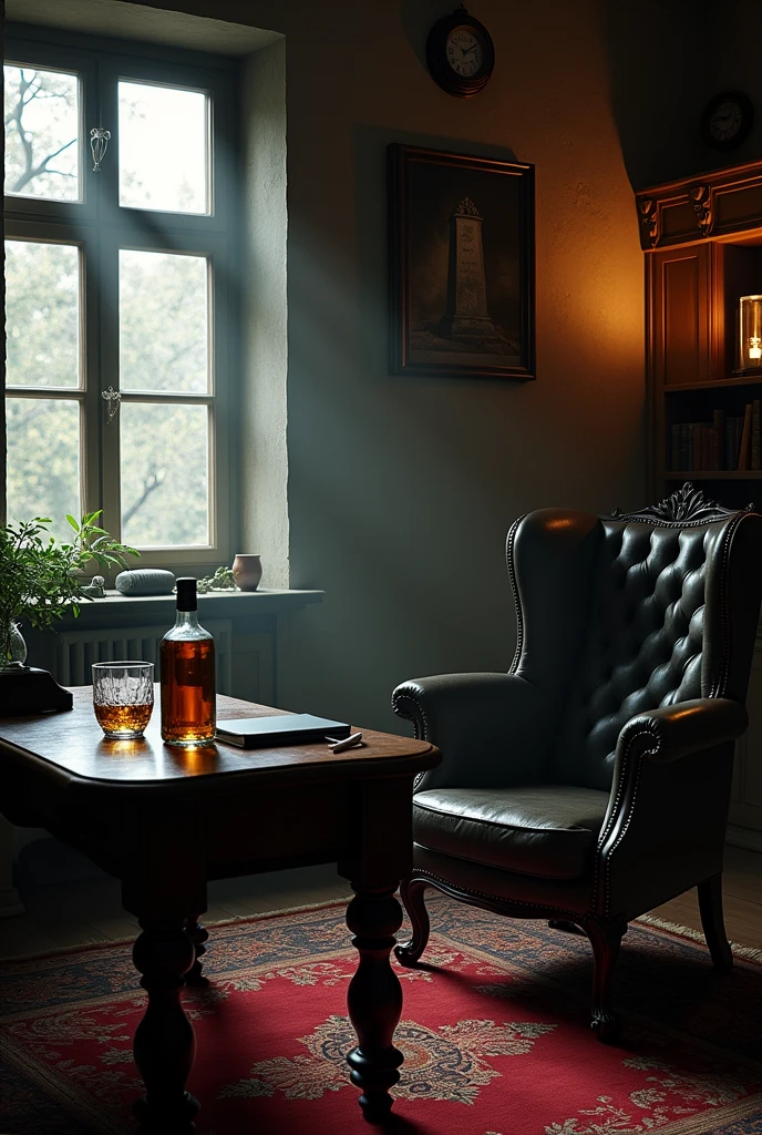 Create me a room visual, let the room be like a mafia leader's room, with a chair, a table, etc., of course, let there be a bottle of whiskey and a glass full of whiskey and a cigarette on the table, also a phone and maybe a laptop, of course, let the table be in front of the chair, let there be a window behind and windows on the sides, and the paintings could include a sickle picture or a gravestone, and there would be a library in the room, there wouldn't be any greenery or even plants to the bottom right of the table, there could be an old clock with Roman numerals on the wall, let it be an intellectual, medieval, mafia-like but also a cult, cultural theme, and let there be a small image in the room to remind you of death.