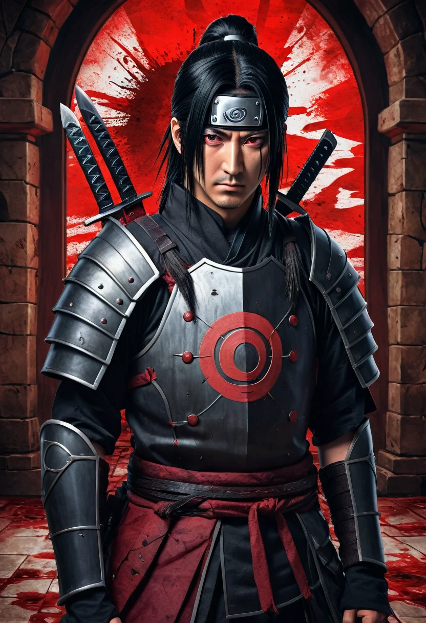 A highly detailed, realistic portrait of Itachi Uchiha, wearing medieval-style armor, with long black hair in a ponytail, holding multiple knives, in a castle setting with blood on the floor, Sharingan eyes, digital art style, голая грудь